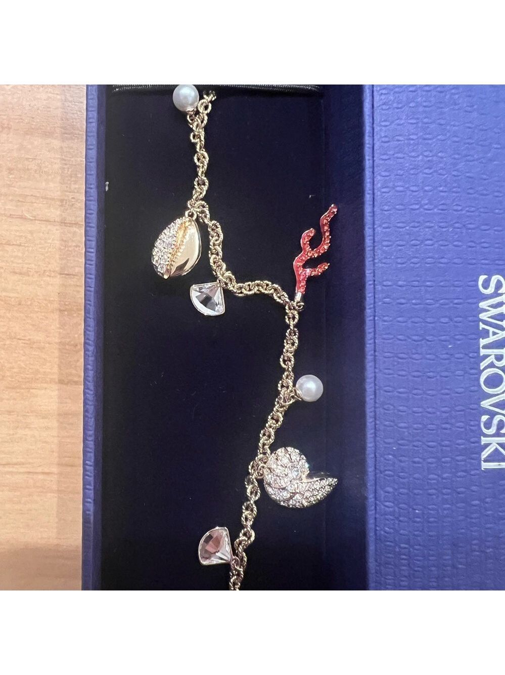 NEW Swarovski Ocean Charm Bracelet Gold Tone Crystal Shell Coral Pearl Dangle - Picture 3 of 6